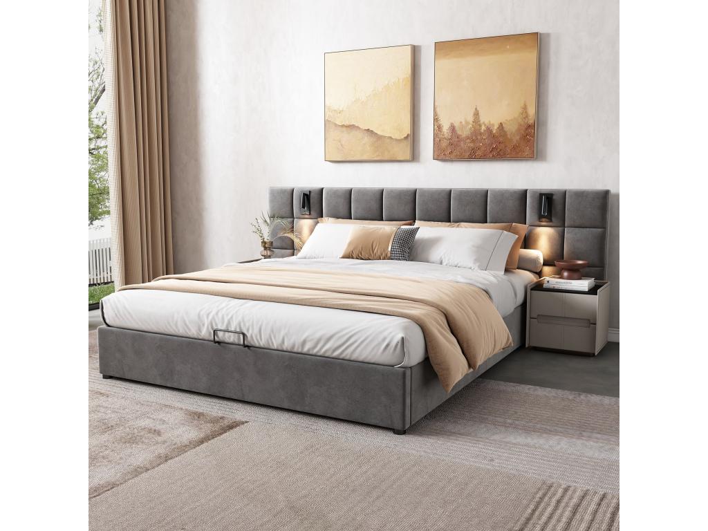 Letto in velluto grigio, 140 x 200 cm